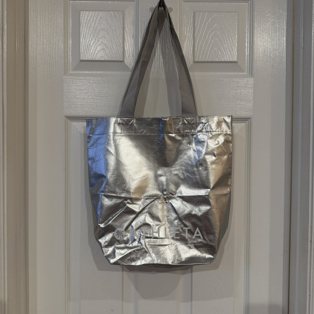 Athleta Shopping Tote Reusable Bag Gray Handle 17" Tall EUC Metallic Silver